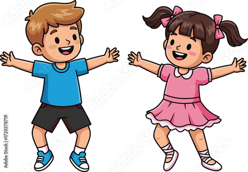 Cute happy little boy and girl dancing together, brother and sister enjoying music and movement, childhood creative activity, fun and fitness
