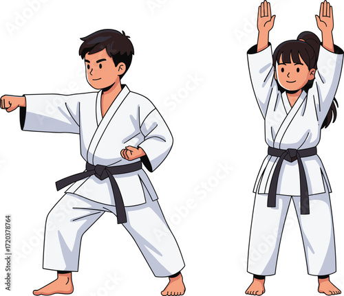 Cute happy little boy and girl doing karate, brother and sister practicing martial arts, childhood self-defense, sport, and fitness concept on white
