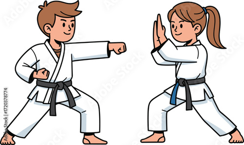 Cute happy little boy and girl doing karate, brother and sister practicing martial arts, childhood self-defense, sport, and fitness concept on white