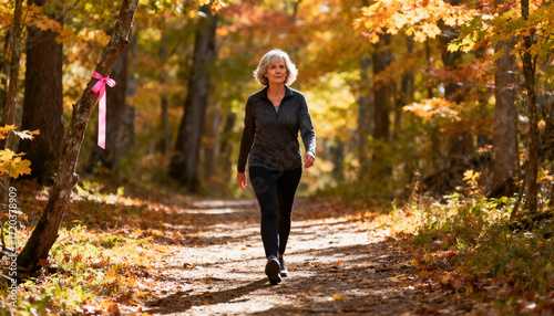 A woman walking on a path in a forest with fall foliage and a pink ribbon tied to a tree branch nearby