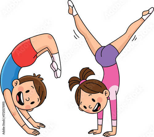 Cute happy little boy and girl doing gymnastics, brother and sister performing acrobatic exercises, childhood sport and fitness concept on white.