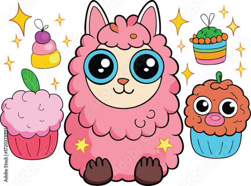 Cute Pink Llama Character Surrounded by Colorful Cupcakes and Sparkles alpaca cartoon