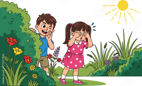 Cute happy little boy and girl playing hide and seek, brother and sister having fun outdoors, childhood summer game and activity