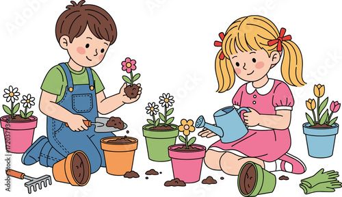 Cute happy little boy and girl planting flowers, brother and sister gardening together, childhood spring activity and nature education on white