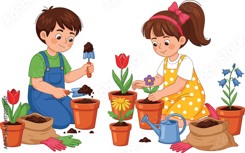 Cute happy little boy and girl planting flowers, brother and sister gardening together, childhood spring activity and nature education on white