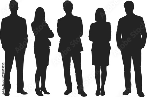 Set of business people silhouettes, male and female colleagues standing together, professional group, team unity and collaboration concept on white