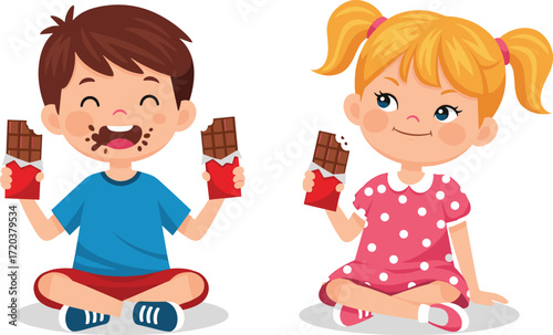 Cute happy little boy and girl children eating chocolate bar, brother and sister enjoying sweet dessert, childhood snack and junk food