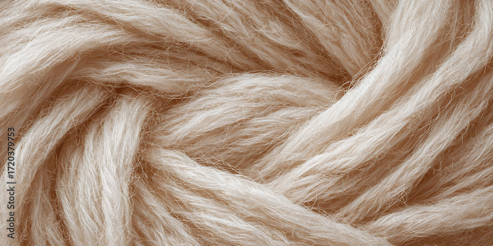 Fototapeta premium Beige wool fibers arranged in spiral twisted pattern forming cozy textile background closeup - AI generated
