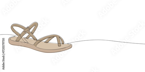 One line drawing of a sandal with straps and buckle. Minimalist footwear illustration. Summer shoe, fashion and accessory concept for design, textile and education