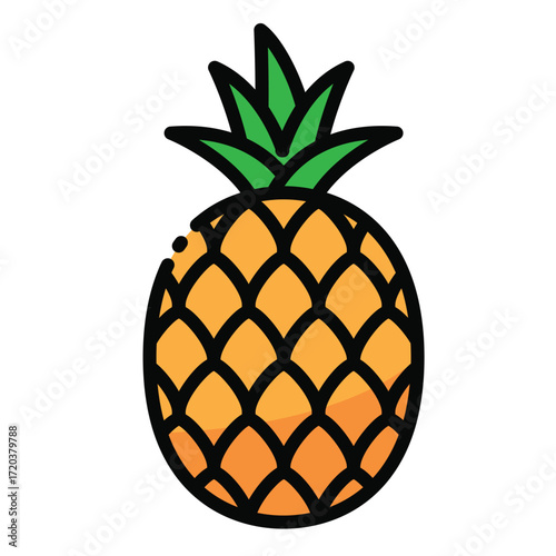 A stylized cartoon illustration of a whole pineapple with a green leafy crown