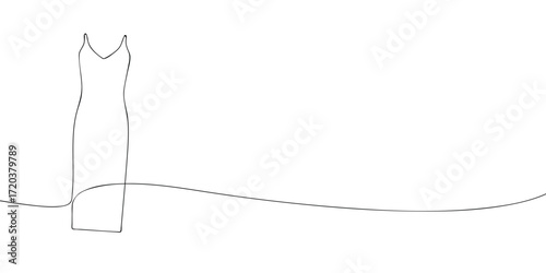 Minimal one line drawing of a long evening dress with thin straps. Simple fashion illustration for textile, apparel, poster, banner, card, and print