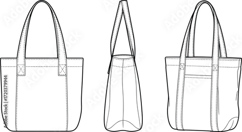 Blank tote bag with handles template vector illustration, flat drawing with front, side, and back view for fashion design and apparel mockups