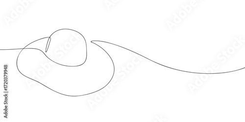 Continuous line drawing of a hat with wide brim. Minimal vector outline illustration of headwear accessory for fashion, apparel, summer outfit, or design template