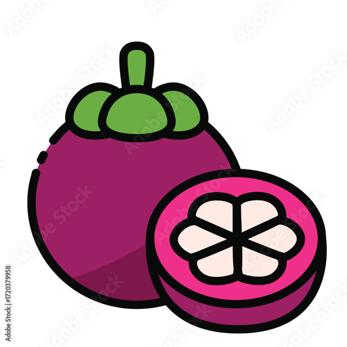 A whole and a half mangosteen fruit purple skin green stem white interior