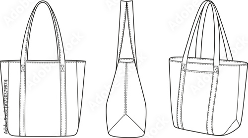 Women's blank tote bag with handles template vector illustration, flat drawing with front, side and back view for fashion mockups