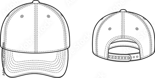 Title: Front and back view of a blank baseball cap vector illustration, men's headwear template with adjustable snapback for fashion design.