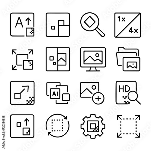 AI image processing and image upscaling icons. Outline symbols. Line design