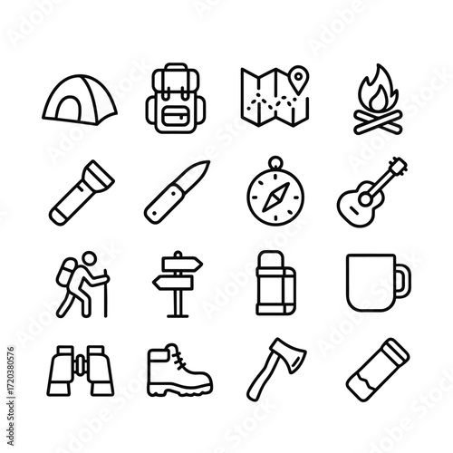 Adventure camping icons vector set. Outline symbols. Line design