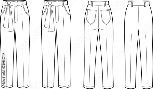 Vector graphic fashion flat template, women's high-waisted trousers collection, wide leg pants, paperbag waist with bow belt, technical drawing.