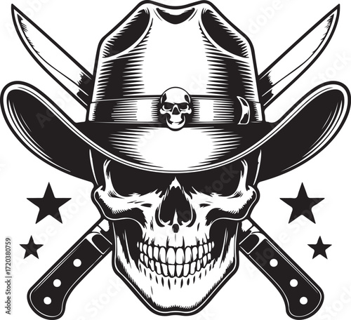 Skull wearing cowboy hat with crossed knives and stars vector illustration