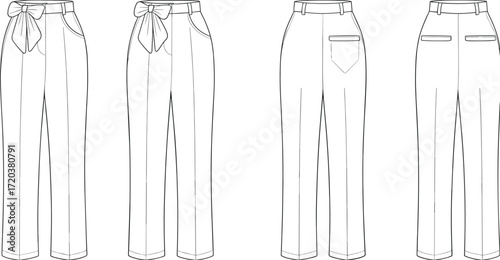 Vector graphic fashion flat template, women's high-waisted trousers with bow belt, wide leg pants, technical drawing, elegant formal wear.