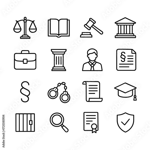 Law legal vector icons set. Outline symbols. Line design