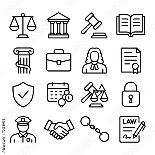 Court legal vector icon set. Outline symbols. Line design