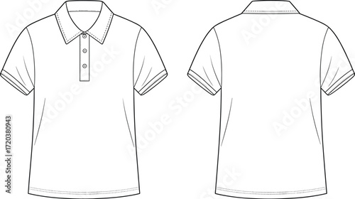 Vector graphic fashion flat template, classic polo shirt design, front and back views, technical drawing, short sleeve, casual apparel.