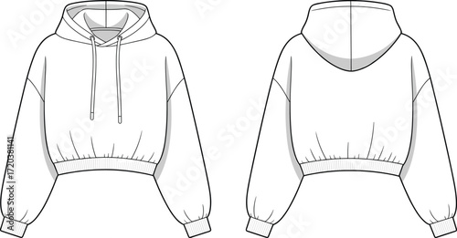 Vector graphic fashion flat template, women's cropped hoodie design, front and back views, technical drawing, casual sportswear.