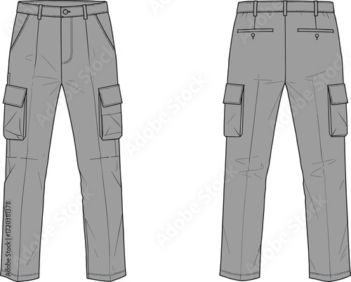 Cargo pants flat sketch technical drawing illustration, men's apparel fashion, trouser design template, front and back view