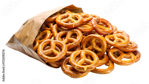 Pile of salted pretzels spilling out of a brown paper bag isolated on transparent background, a tasty and crunchy snack option for any time