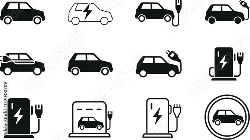 Electric vehicle icons, charging station symbols, EV silhouette set, eco transport grid, plug-in car graphics, black and white illustrations