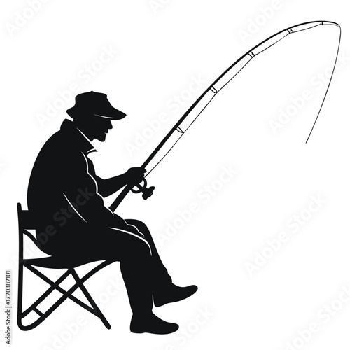 Silhouette of fisherman sitting and casting rod