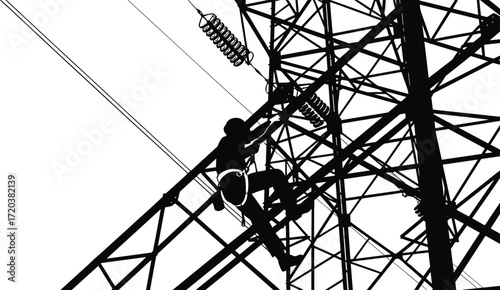 High voltage tower climber silhouette, electrical worker safety gear, transmission line maintenance, industrial infrastructure, power grid engineering, lattice structure ascent