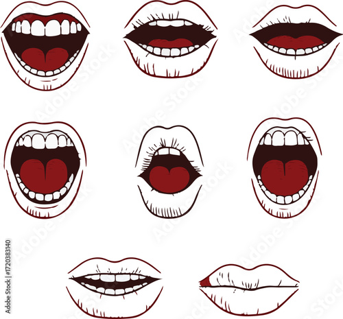 Hand-drawn Mouths:  A Collection of Open and Closed Lips,  Various Expressions,  Vintage Style Illustration.