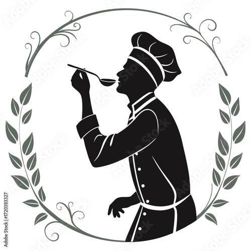 Chef tasting soup from spoon silhouette