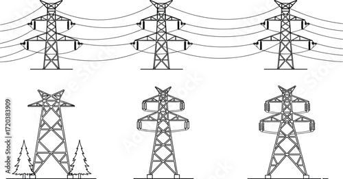Transmission tower silhouette set, electrical grid icons, black and white illustration, power line infrastructure, energy distribution system design