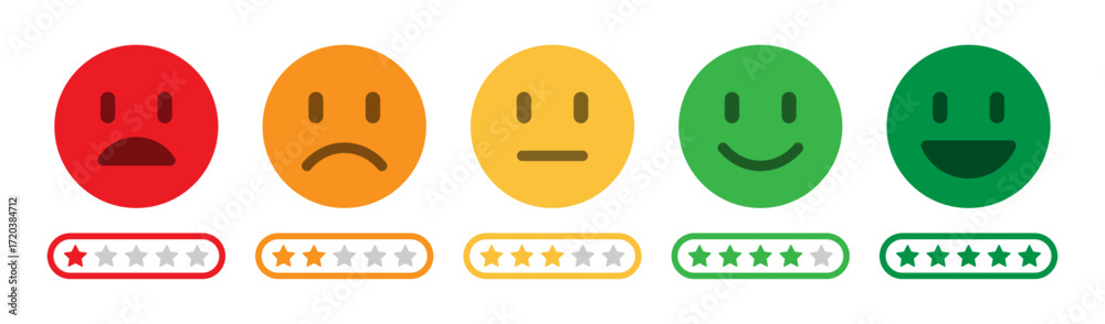 Fototapeta premium Rating emoji set with loading star bars indicator for customer feedback. Sad happy, neutral, good, excellent emojis. Flat rating smileys with star vector illustration.