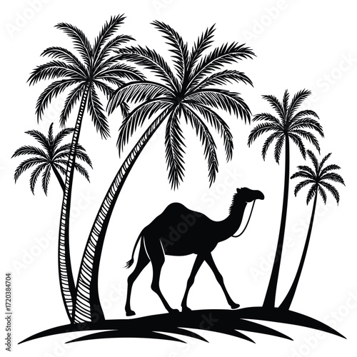 Camel walking past palm oasis silhouette