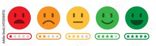 Rating emoji set with loading star bars indicator for customer feedback. Sad happy, neutral, good, excellent emojis. Flat rating smileys with star vector illustration.