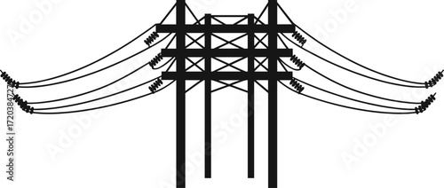 Transmission tower, silhouette, power pylon, high voltage, infrastructure, energy grid, insulators, metal structure, electricity, outdoor, dramatic, industrial, tension, wires, crossbars