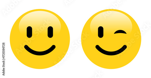 Smile, wink eye blink face emoji set in yellow color. Winking face eye wink emoji. Smile icon with shine vector illustration.
