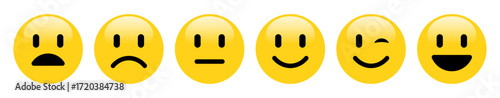 Rating emoji set yellow color for feedback and customer experience. Sad face, unhappy emoji, neutral expression, happy smile, winking face, excited emoticon, vector illustration.