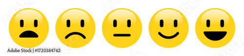 Rating emoji set in yellow color with shine for feedback and customer experience. Bad, poor, average, good, excellent emojis for user satisfaction vector illustration.
