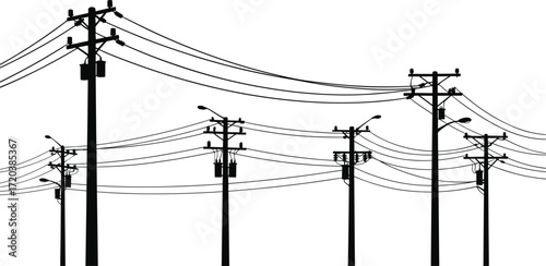 Utility pole network silhouette, electrical grid infrastructure, black and white illustration, power line system, urban energy distribution design