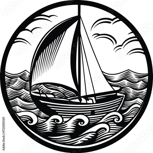 A silhouette of a sailing yacht on the ocean with a few waves