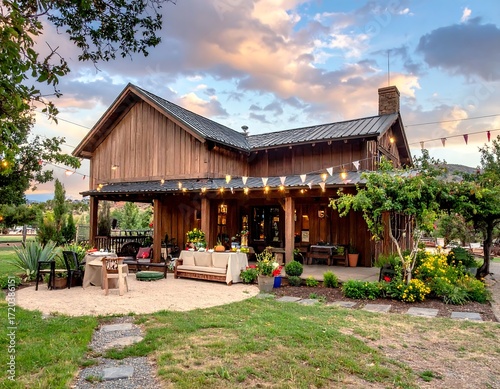 Rustic barn-style home with outdoor patio area at sunset
