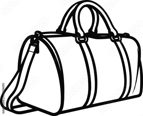 Duffel bag side view, thick black outline, clean fashion vector 3