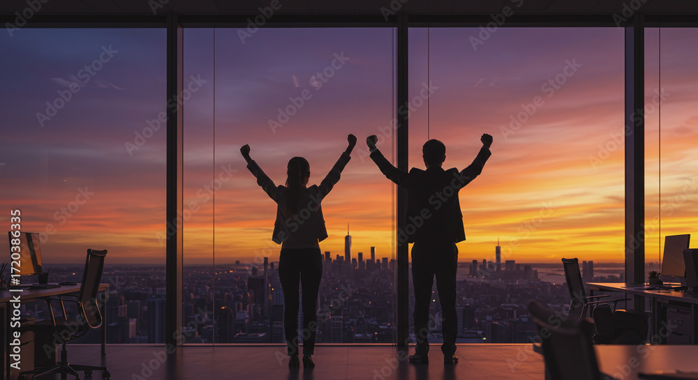 Fototapeta premium Two silhouetted business people celebrating victory with arms raised high against a stunning city skyline sunset view from a modern office.