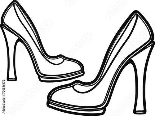High heel shoe side profile, thick bold outline, white background